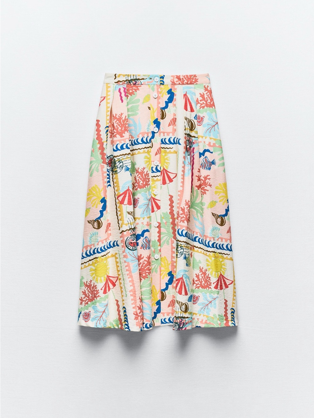 NWT ZARA Patchwork Print Summer Beach Seashell Cottage European Skirt Large - Picture 2 of 9